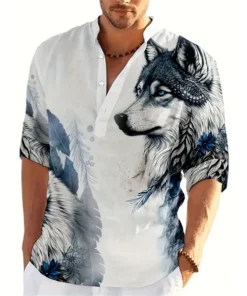 Animal Wolf 3D Printed Henley Shirts Men's Fashion Streetwear Oversized Stand Collar Long Sleeve Shirt Tops Blouse Man Clothing