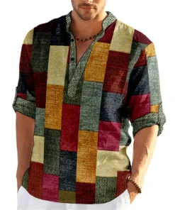 Patchwork 3D Print Color Block Henley Shirts Men's Fashion Vintage Stand Collar Long Sleeve Shirt Male Tops Blouse Man Clothing