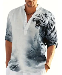Animal Tiger 3D Printed Henley Shirts Men's Fashion Streetwear Oversized Stand Collar Long Sleeve Shirt Tops Blouse Man Clothing