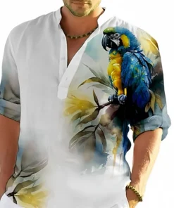 Autumn Parrot 3D Print Henley Shirts Men's Fashion Streetwear Oversized Stand Collar Long Sleeve Shirt Tops Blouse Man Clothing