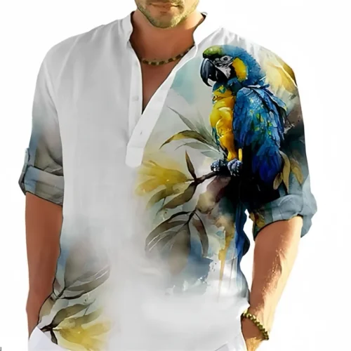 Autumn Parrot 3D Print Henley Shirts Men's Fashion Streetwear Oversized Stand Collar Long Sleeve Shirt Tops Blouse Man Clothing