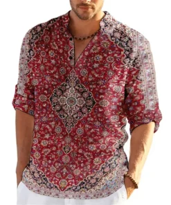 Autumn Flower 3D Print Luxury Henley Shirts Men's Fashion Vintage Floral Stand Collar Long Sleeve Shirt Tops Blouse Man Clothing