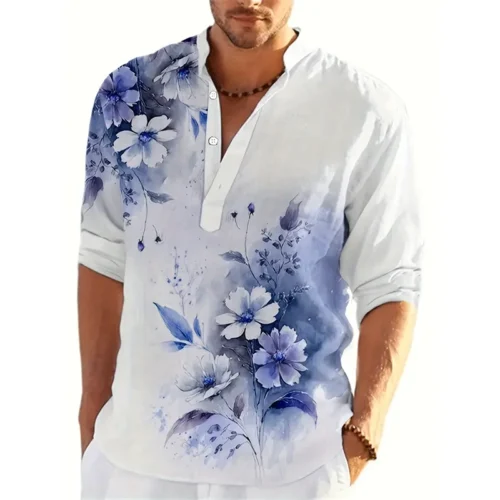 Floral Flower 3D Print Henley Shirts Men's Fashion Streetwear Oversized Stand Collar Long Sleeve Shirt Tops Blouse Man Clothing