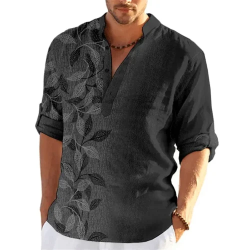 Leaf 3D Printed Henley Shirts Men's Fashion Vintage Streetwear Oversized Stand Collar Long Sleeve Shirt Tops Blouse Man Clothing