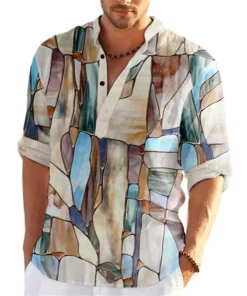 Abstract Color Block 3D Printed Henley Shirts Men's Streetwear Oversized Stand Collar Long Sleeve Shirt Tops Blouse Man Clothing