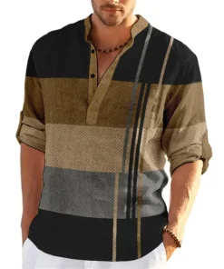 Striped Color Block 3D Print Henley Shirts Men's Fashion Streetwear Stand Collar Long Sleeve Shirt Male Tops Blouse Man Clothing